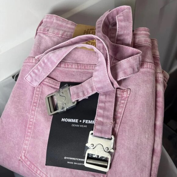 HOMME + FEMME LA  distressed flare cargo jeans w/straps washed LIGHT PINK - Picture 3 of 9